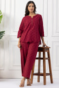 Maroon Cotton Schiffli Co Ord Set