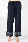 Embroidered Navy Blue Tencel Twill Palazzo