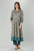 Grey Mandarin Flare Rayon Print Kurti