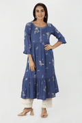 Blue Printed Rayon Slub Straight Kurti