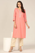 Peach Embroidered Cotton Slub Kurti