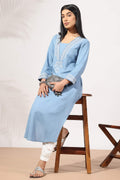 Vintage Blue Embroidered Rayon Slub Kurti with Square Neck