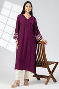 Purple Embroidered Rayon Kurti with V Neck & 3/4 Sleeves