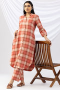 Checked Rust Brush Rayon Twill Collared Winter Kurti