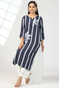 Blue Embroidered Rayon Kurti with Flat Neck and 3/4th Sleeves