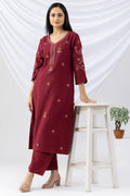 Maroon Embroidered Cotton Viscose Slub Winter Kurti with 3/4 Sleeves