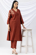 Rust Embroidered Viscose Cotton Slub Winter Kurti with Lapel Collar