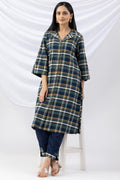 Navy Checked Cotton Twill Kurti with Lapel Collar & 3/4 Sleeves
