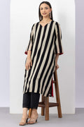 Black & Beige Cotton Stripe Kurti with V Neck & 3/4 Sleeves