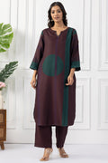 Plum printed pashmina winter kurta for women with round neck and 3/4 sleeves