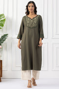 Olive Green Tencel Embroidered Kurta