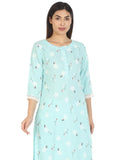 Mint Blue Printed Viscose A-Line Kurti