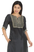 Dark Grey Embellished Ensemble Kurti with Mandarin Collar