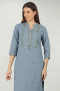Blue Embellished V Neck Kurti
