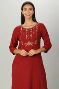 Dark Red Slub Embriodered Straight Kurti