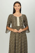 Dark Brown Printed Kurti with round neck