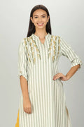 White and Light Grey Stripe Embroider Kurti