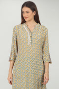 Yellow Printed A-line kurti