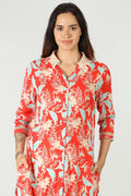 Red tropical floral print with collared neck