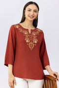 Rust Brown Cotton Linen Top with Round Neck