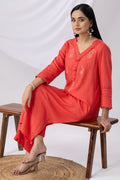 Coral Rayon Slub Embroidered Kurti with V-Neck