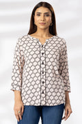Peach Printed Rayon Casual Top with Round Neck