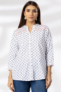 White Embroidered Cotton Shirt with Mandarin Collar