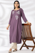 Purple Embroidered Rayon Kurti with Round Neck