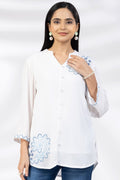 White Embroidered Rayon Crepe Casual Top with Mandarin Collar
