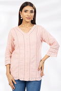 Pink Schiffli Embroidered Casual Top with V-Neck