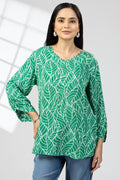 Green Printed Rayon Crepe Casual Top with V-Neck