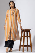 Orange Striped Rayon Kurti with V-Neck