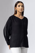 Black Solid Modal Casual Top with V-Neck & Full Sleeves