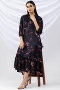 Black Chiffon Printed Dress with Collar & 3/4th Sleeves