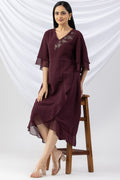 Wine Embroidered Georgette Dress with V-Neck & Flared Sleeves