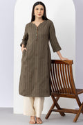 Olive Cotton Dobby Embroidered Kurti with Round Neck