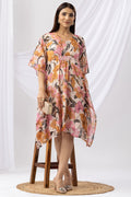 Pink Printed Chiffon Lurex Kaftan with V-Neck & Kimono Sleeves