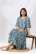 Blue Printed Rayon Dress with V-Neck & Half Sleeves