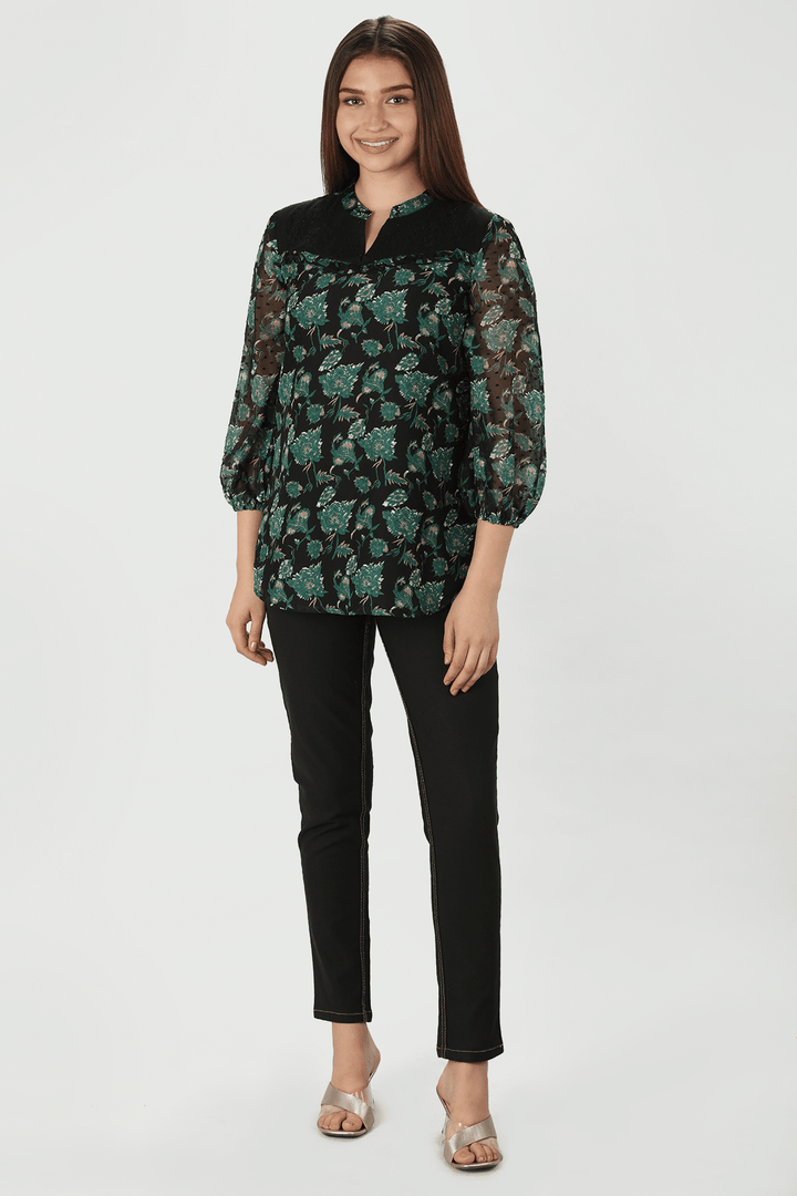 Green Embroidered and Floral Print Top