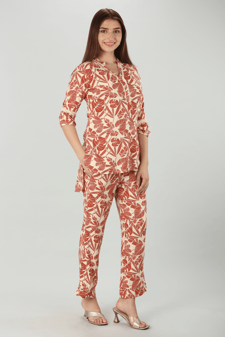 Orange Print Rayon Co-Ord Pant
