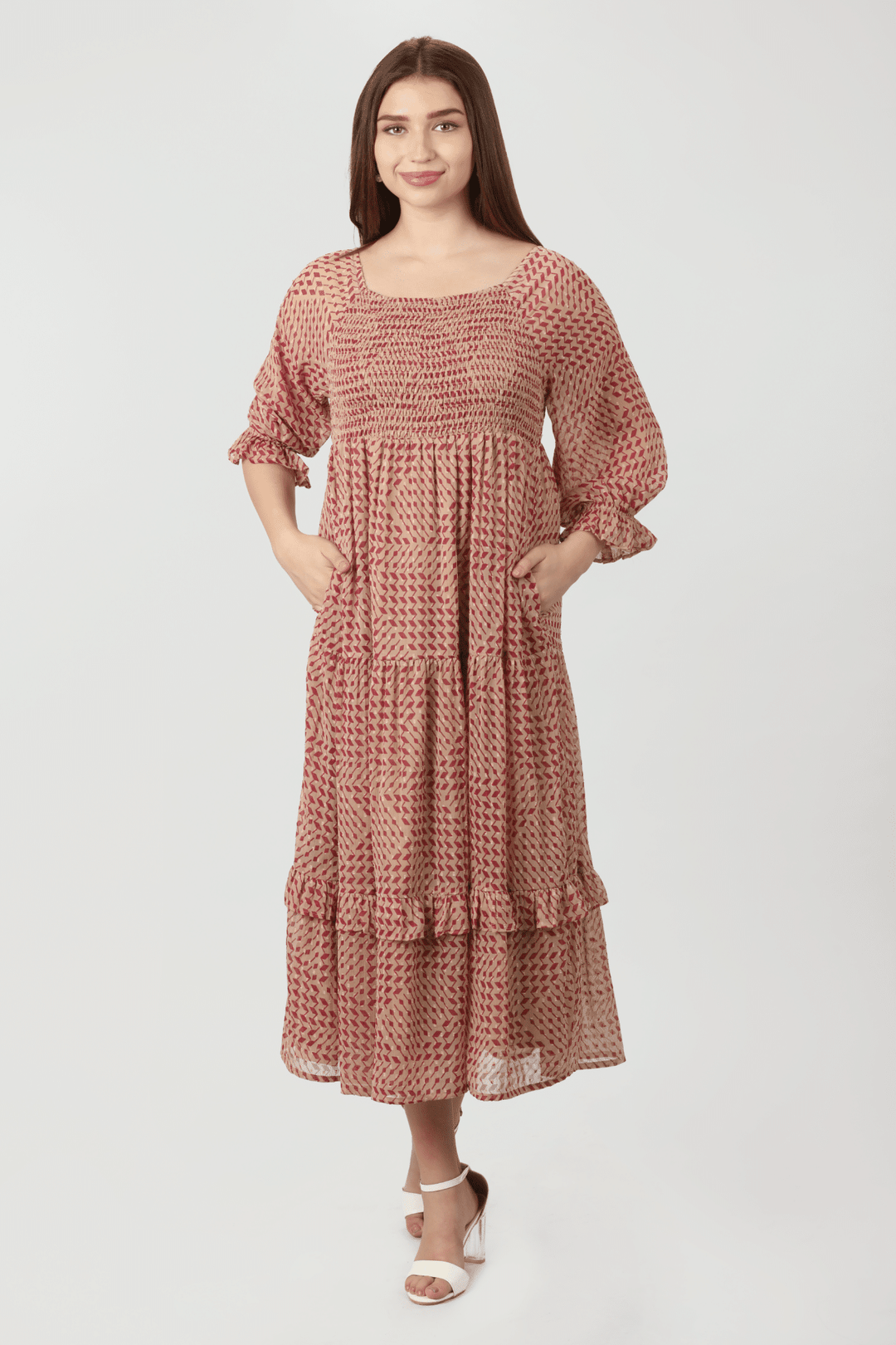 Peach Geometric printed Dress with Square Neck