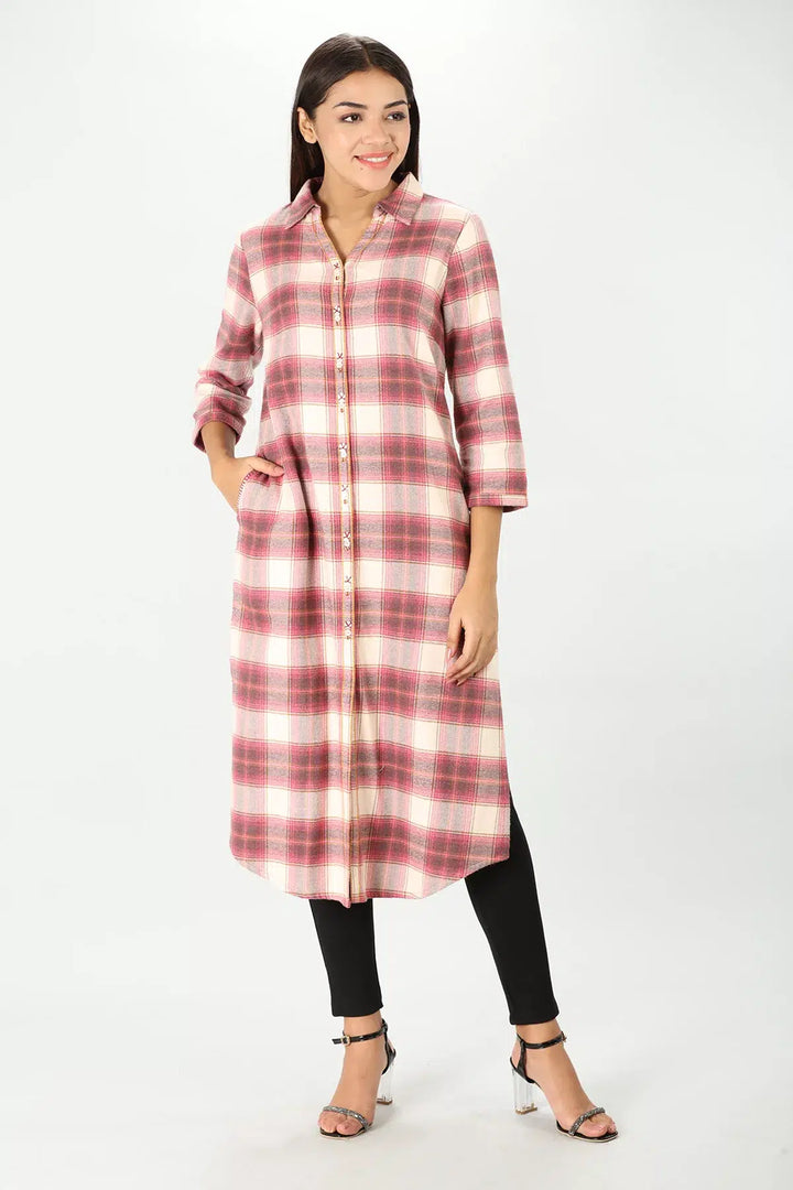 Cream Winter Checkered Kurti