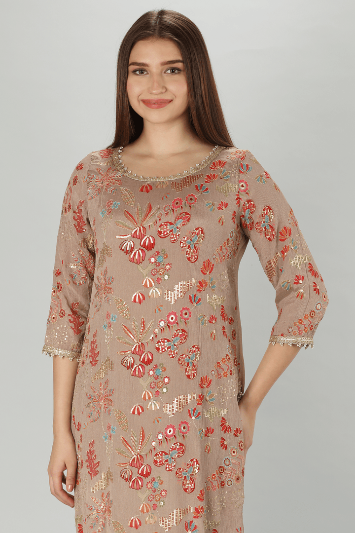 Beige Embellished Kurti