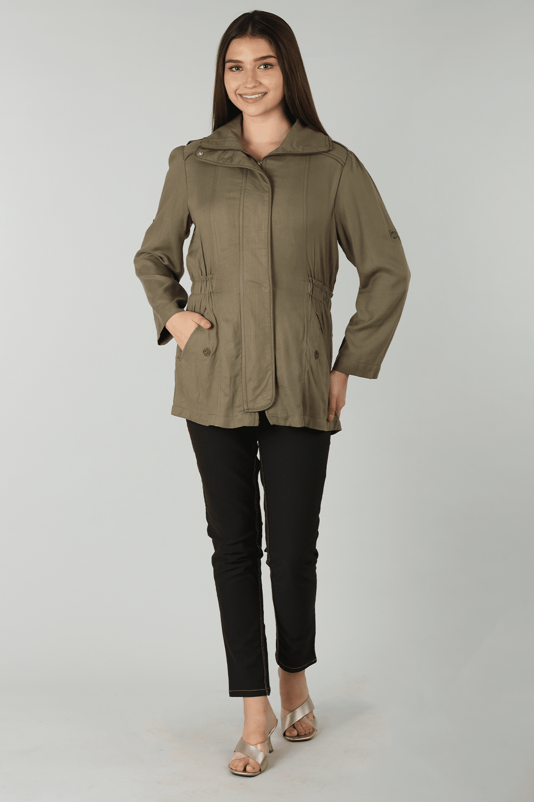 Olive Green Solid Winter Jacket