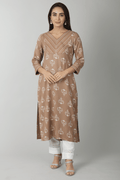 Beige Embroidered Straight Cut Kurti