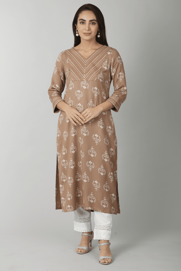 Beige Embroidered Straight Cut Kurti