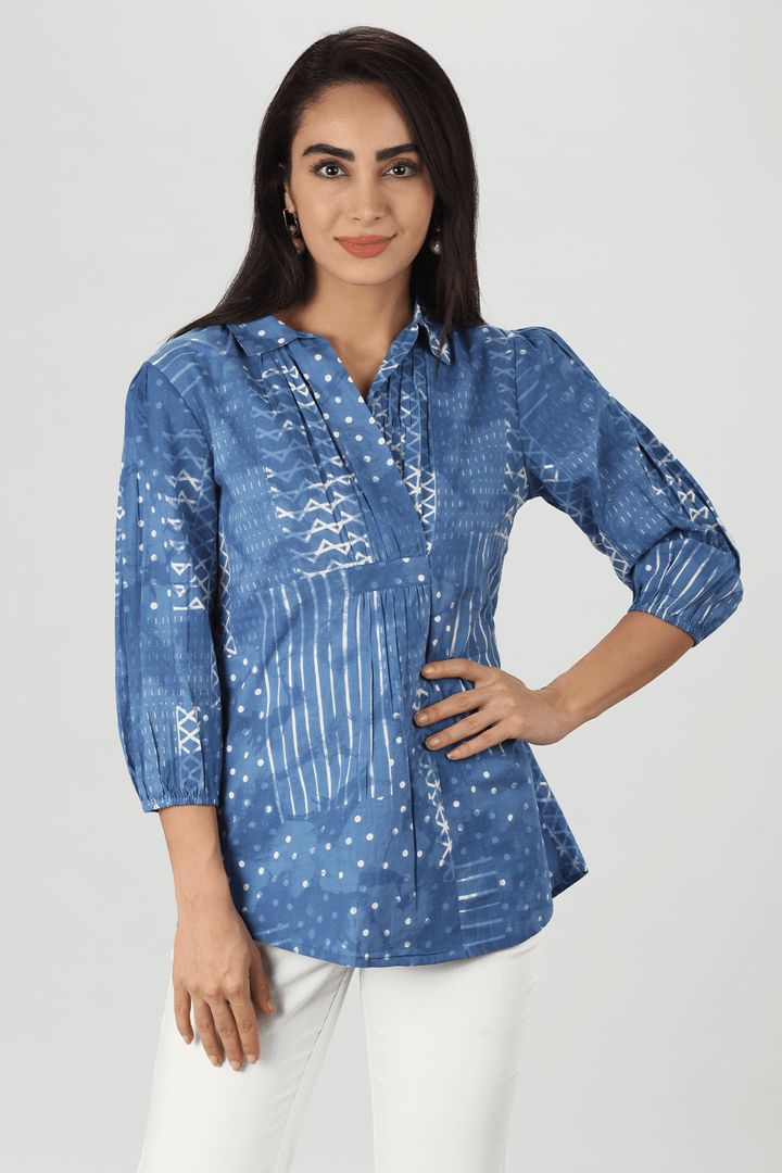 Blue Cotton Block Print Top