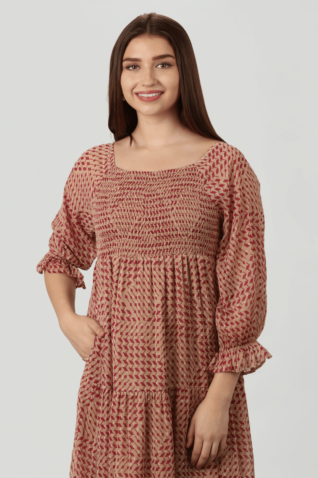 Peach Geometric printed Dress with Square Neck