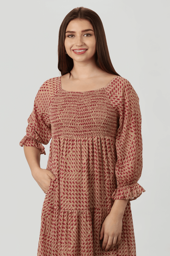 Peach Geometric printed Dress with Square Neck
