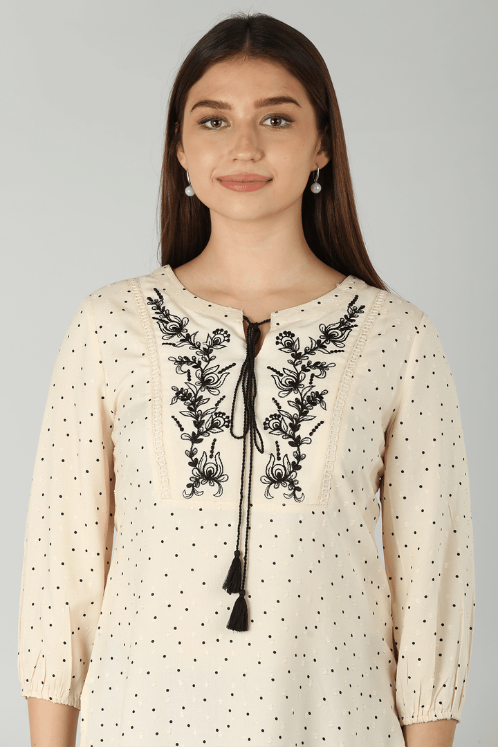 Off White Dobby Embroidered Top